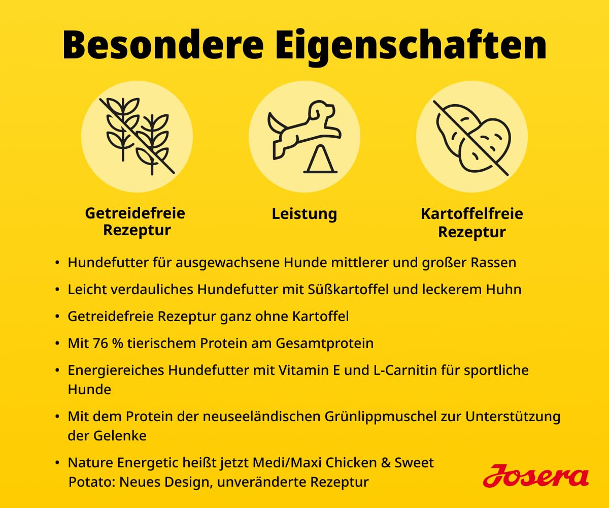 JOSERA Huhn & Süßkartoffel (1 x 12,5 kg) | Adult | Premium Trockenfutter für ausgewachsene & sportliche Hunde mittlerer & großer Rassen | mit Erbse & ohne Kartoffel | getreidefrei | 1er Pack