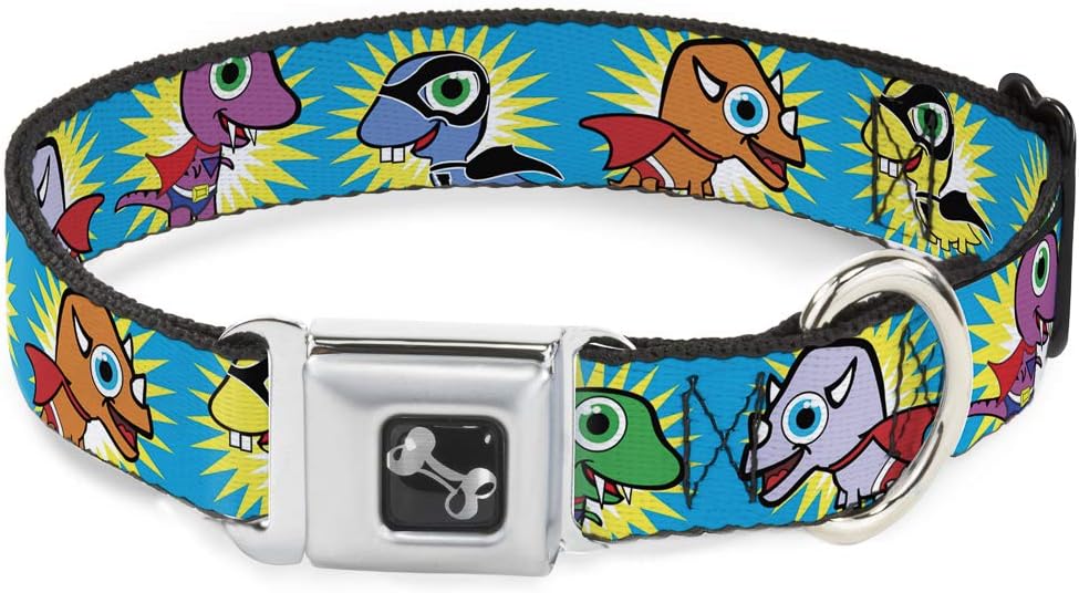 Buckle-Down Seatbelt Buckle Dog Collar - Dinosaur Superhero Baby Blue - 1" Wide - Fits 9-15" Neck - Small