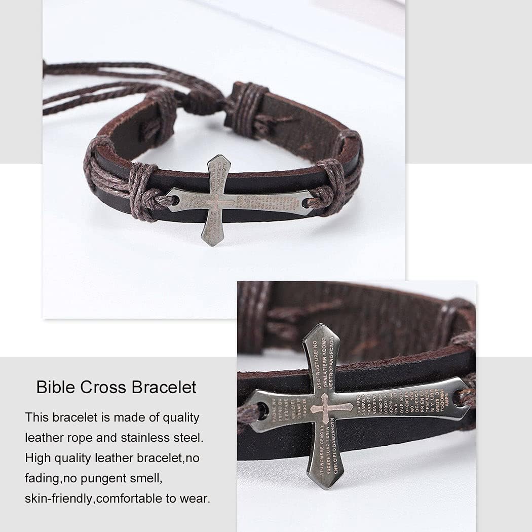 Branets Mens Leather Bracelet Bible Text Cross Bracelet Adjustable Wristband Brithday Gift for Men and Boys(Brown) - Image 5