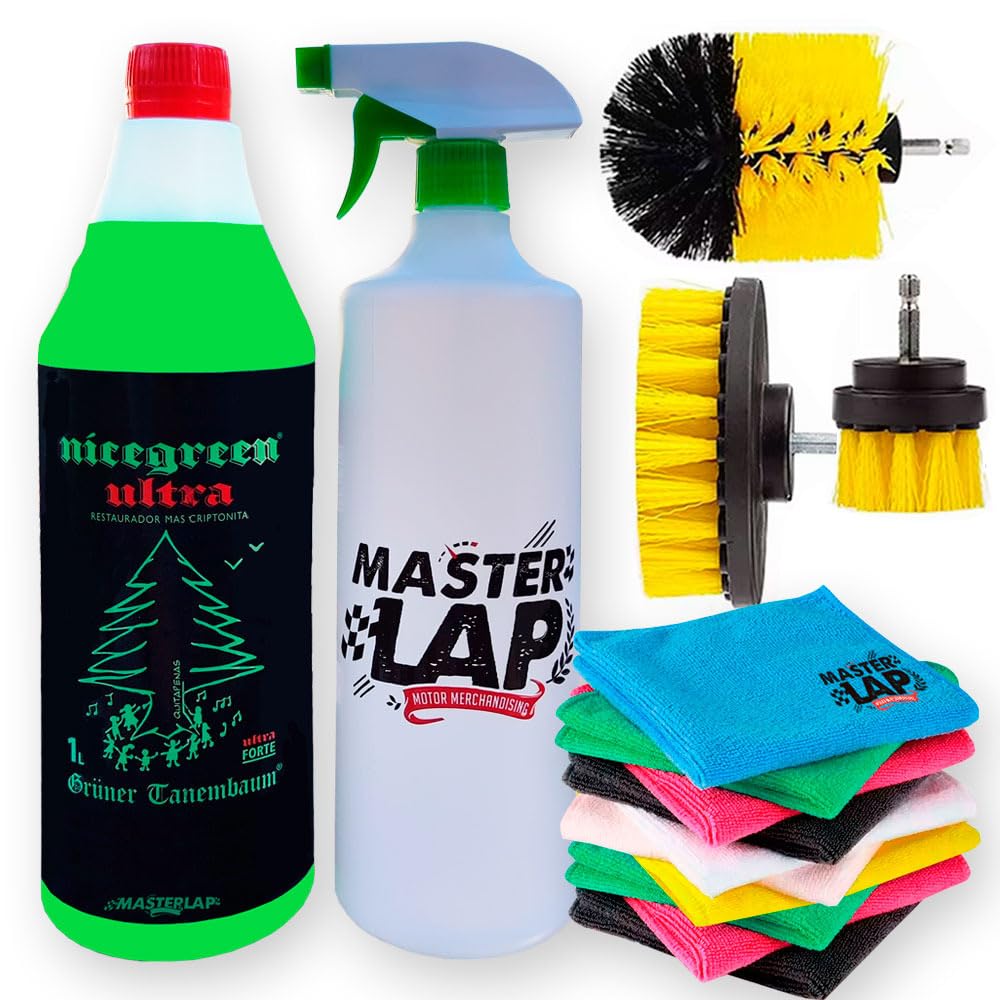Nicegreen Ultra Turbo Pack - Limpiador Ecológico + Cepillos para Taladradora + 10 paños microfibra. Limpieza Profunda de Llantas y Tapicería, 1L