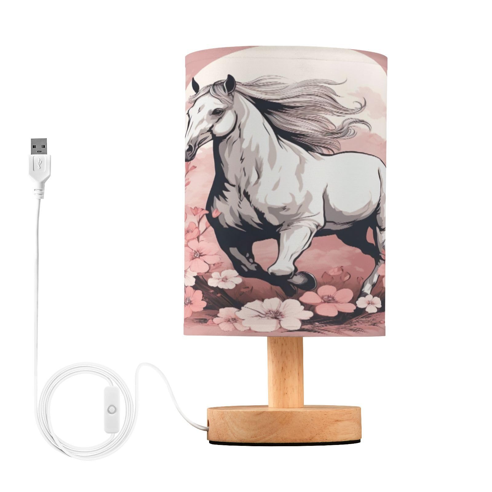 SDMKA Vintage Horse Pink Bedside Table Lamp for Bedroom, Minimalist Nightstand Lamp with Round Fabric Shade for Living Room, Office, No Bulb Required