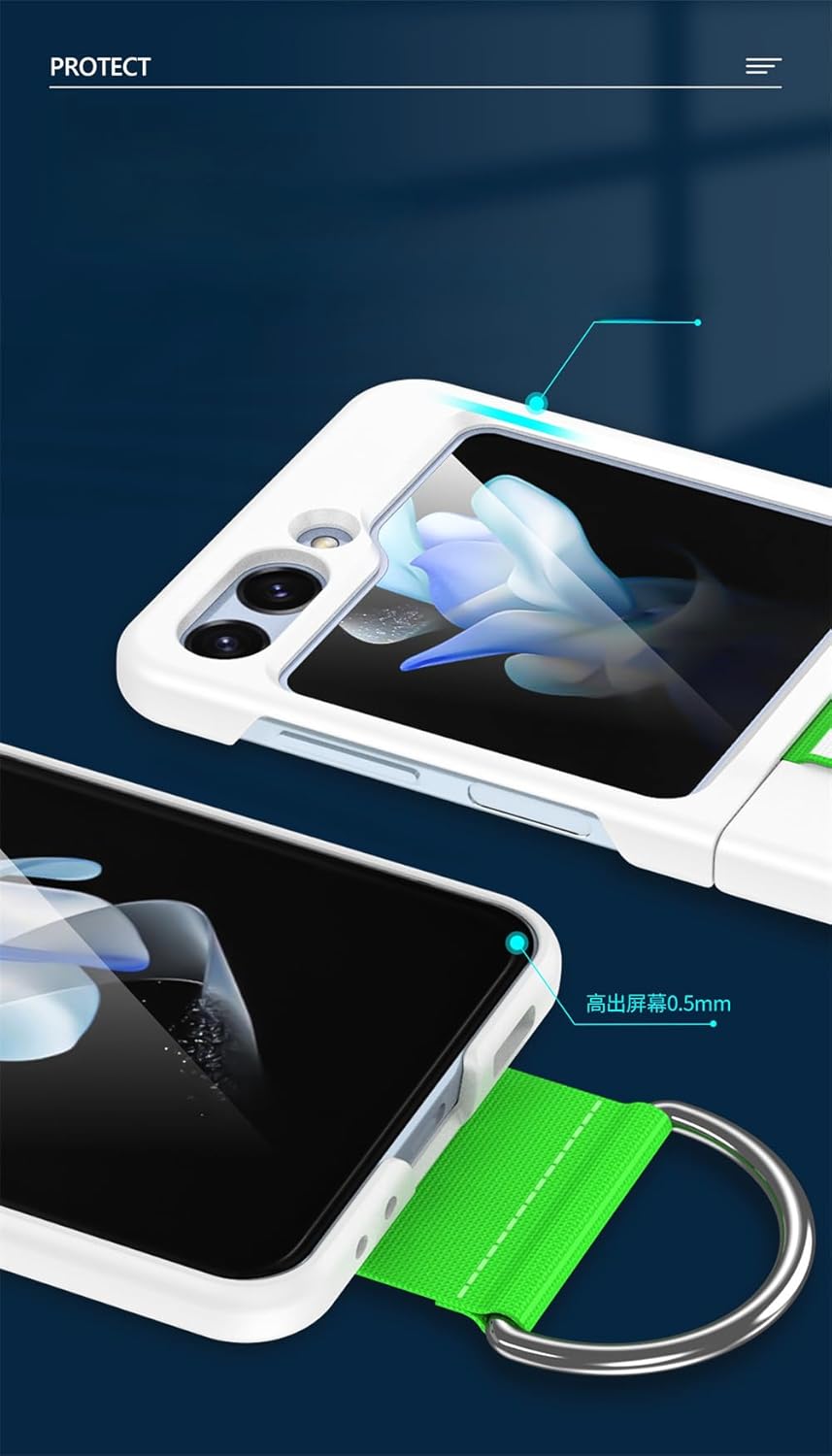 for Samsung Galaxy Z Flip 5 4 3 5G Case Wristband, Finger Ring Holder, Shockproof Women Men Slim Hard Phone Case for Samsung Z Flip 3 4 5 Cover (White,Z Flip4)