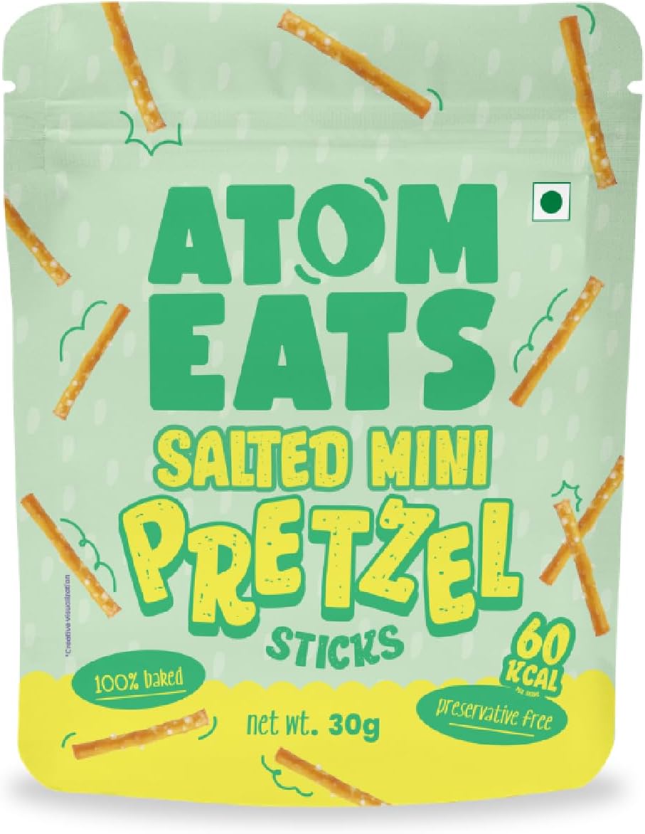 Atom Eats Salted Pretzel Mini Sticks 30g | Savory Snacks, Crunchy Namkeen - Perfect for Snack Box, Parties, On-the-Go and Delicious - Great Food Items for Dipping, Solo Snacking