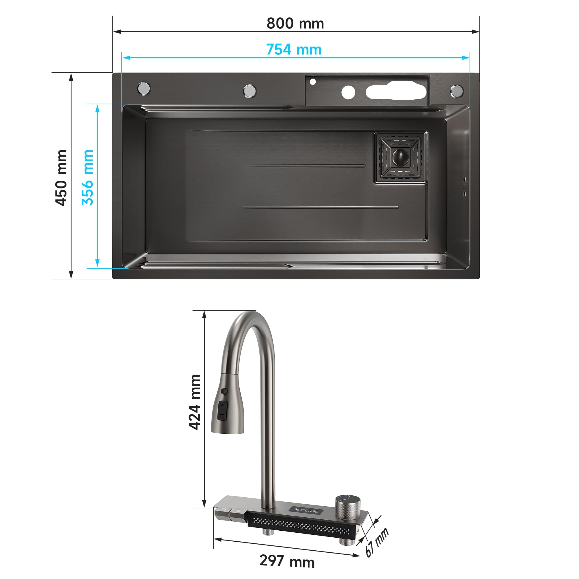 SONNI Lavello, lavello da cucina, cascata da cucina con rubinetto estraibile, indicatore di temperatura, lavastoviglie per tazze, cestello filtro dell'acqua, tagliere in acciaio inox 304, 80 x 45 x 23