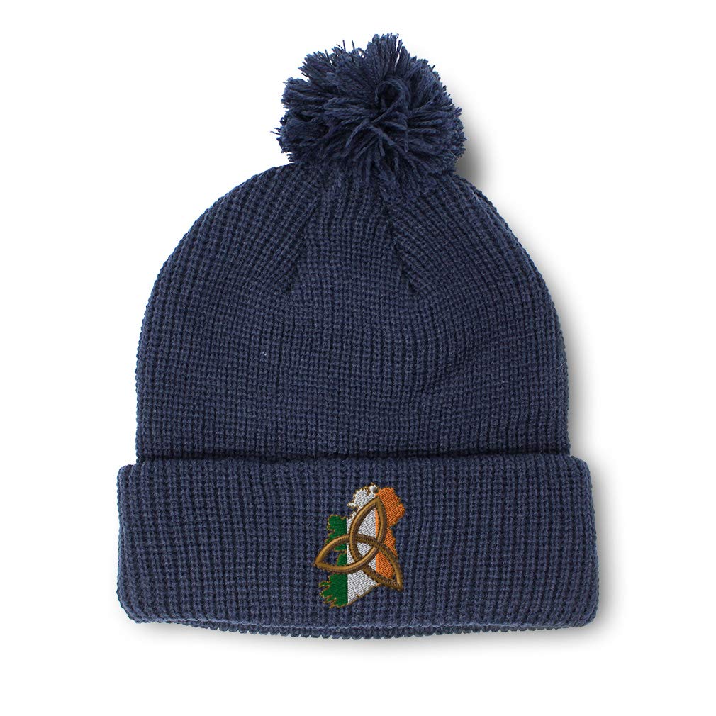 Speedy Pros Pom Pom Beanies for Women Irish Map Flag Embroidery Skull Cap Irish Map Flag Irish Winter Hats for Men Acrylic 1 Size Navy Design Only