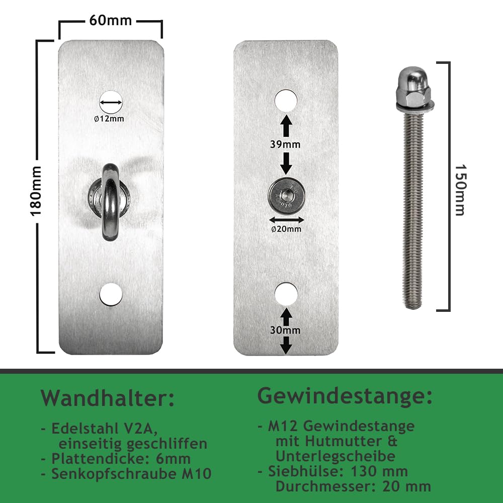 Befestigungs-Set für viereckige Sonnensegel | 3 Wandhalter & Masten verstellbar & inkl. Zubehör - (In Mauerwerk - 2X Wandhalter/Verankerungen, 2X Wantenspanner/Karabiner)