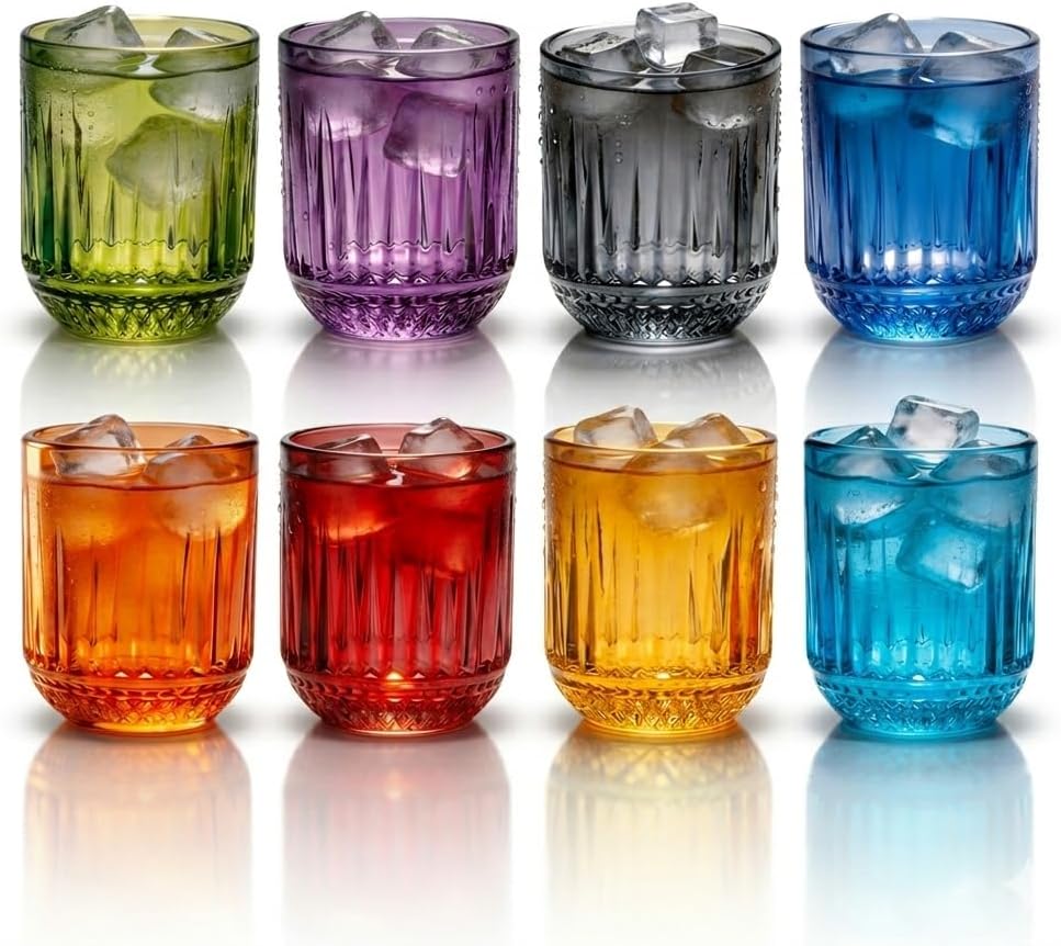 FACE N FACE Colored Vintage Hobnail Drinking Glasses Set of 8, 8oz Retro Embossed Colored Glass Tumblers, Dishwasher Safe Small Juice Glasses for Cocktail, Whiskey, Water, Iced Tea, Party