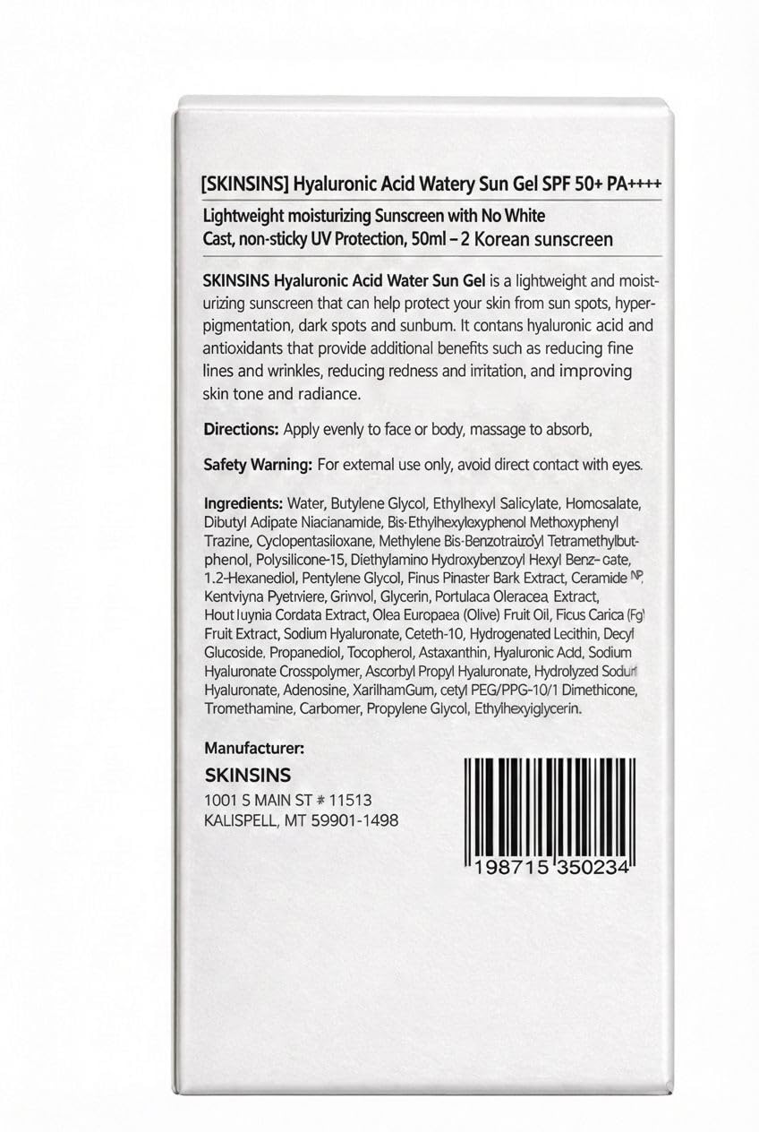 Hyaluronic Acid Watery Sun Gel SPF 50+ PA++++, Lightweight moisturizing Sunscreen with No White Cast,non-sticky UV Protection, 50ml - 2 Pack - Korean Sunscreen