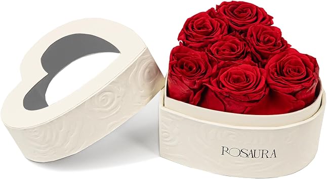 Rosaura Heart-Shaped Preserved Roses Gift Box - Real Forever Flowers for Christmas, Birthday, Valentines & Mothers Day red, 7 roses