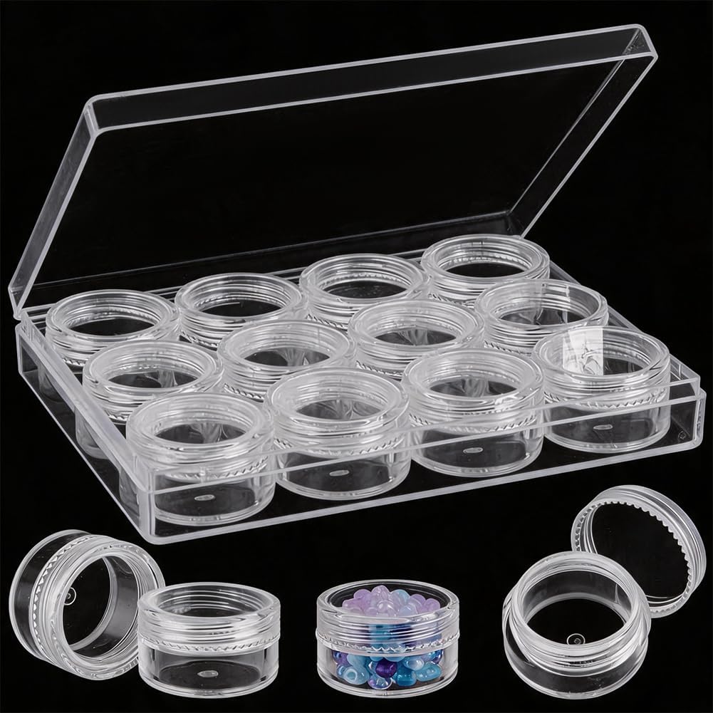 CRASPIRE Bead Clear Storage Organizer Box with 12Pcs Mini Jars 1.2 x 0.7 inch Round Plastic Diamond Containers Beads Holder with Lid Jewelry Earrings Sewing Threads Rings Necklace Nail Craft Case