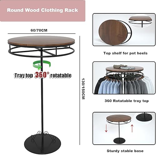 Miniatura 4 de Wa Poskade Perchero redondo con Topper,Estante giratorio de madera de nogal,Perchero de ropa de ropa,Perchero independiente para tienda de ropa
