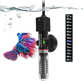 PULACO 25W Mini Submersible Betta Heater for 1-6 Gallon Tanks, Preset 78°F with Free Thermometer Strip
