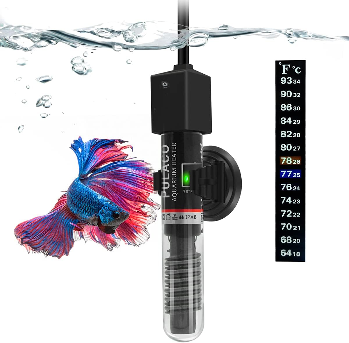PULACO 25Watt Mini Aquarium Submersible Betta Heater with Free Thermometer Strip for 1-6 Gallon Fish Tanks (Preset Temperature 78℉)