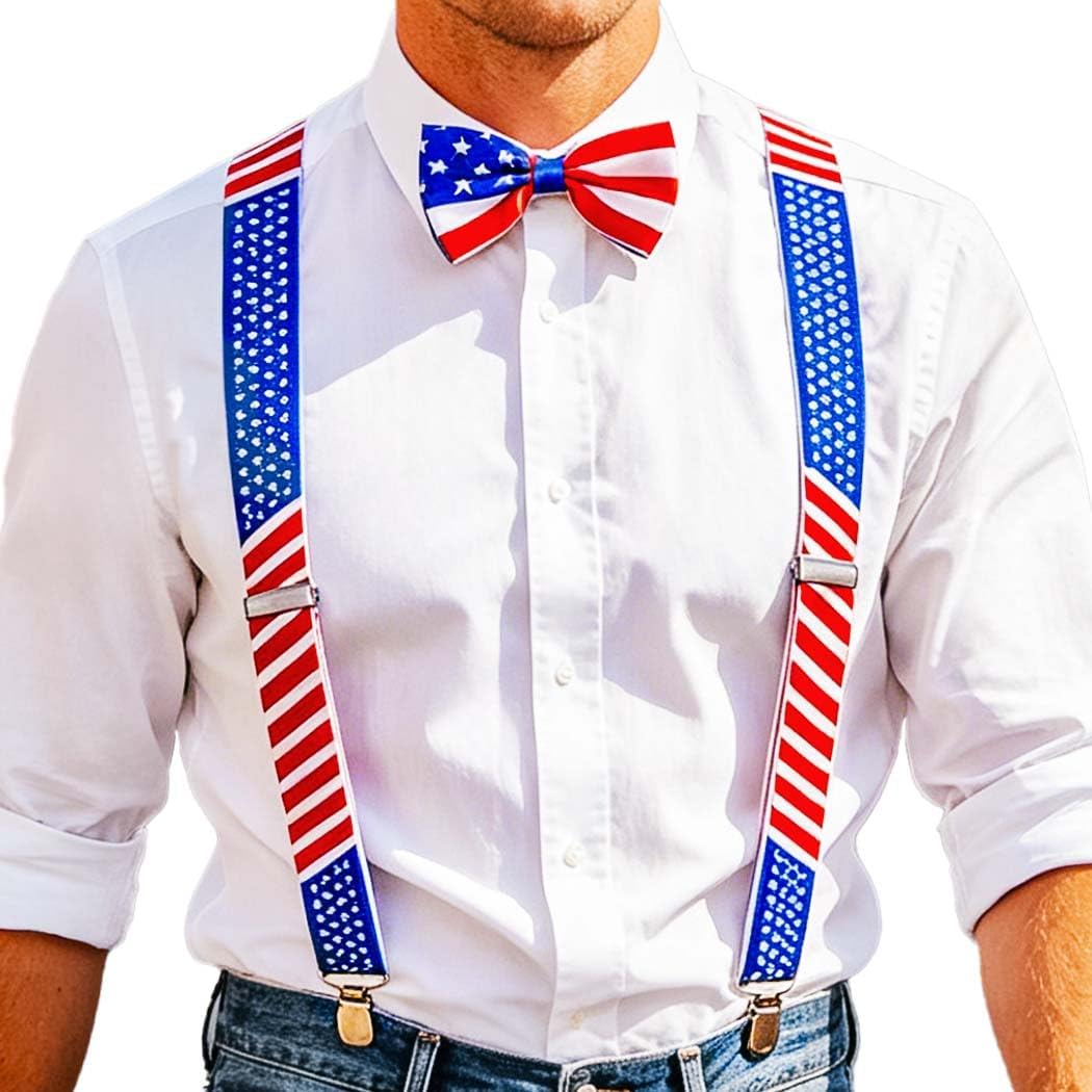 Zoestar 4th of July Suspenders Bow Tie Set Patriotic Suspender and Bowties Independence Day Costume Accessories for Men and Women