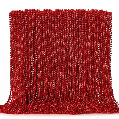 EOBOH 144PCS Bead Necklace, Red Christmas Bead Stuff Party Favors, 33" Necklaces Festival Parade Throw Accessories for Wedding Birthday Valentines Mardi Gras Christmas Celebrations Decorations