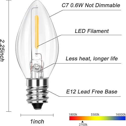 Miniatura 2 de Paquete de 25 bombillas LED C7 transparentes de repuesto, bombillas de Navidad transparentes de 0.6 W, regulables, bombillas LED E12 para luz
