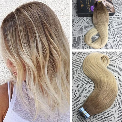Moresoo 14 Inch 20pcs/50g Human Hair Extensions Glue in Two Tone Ombre Color Chestnut Brown #6 Fading to Bleach Blonde #613 Tape in Remy Human Hair
