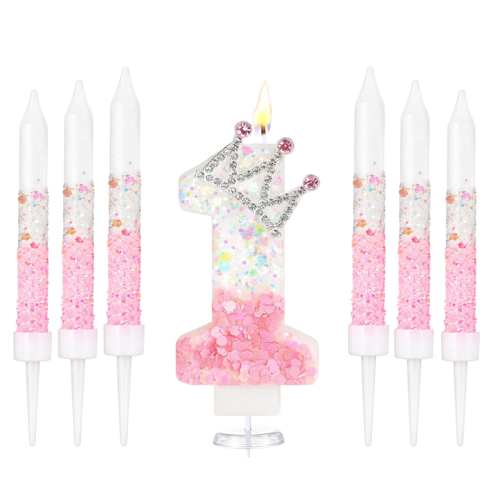 Crown Number Birthday Candles, Glitter Pink White Birthday Candle with 6 Pcs Long Candles, Stylish Princess Themed Cake Topper for Girls Birthday Party Supplies (1 Candle)