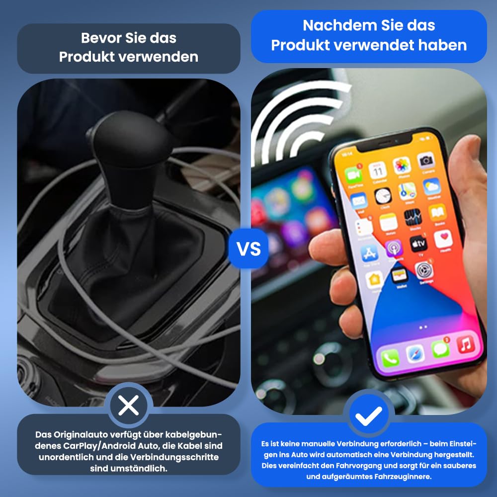 CarlinKit 2026 kabelloser CarPlay & Android Auto Adapter, Upgrade von kabelgebundener auf kabellose Verbindung, Plug & Play mit USB-A/Typ-C, Funktioniert mit iPhone iOS 10+ & Android 11.0+