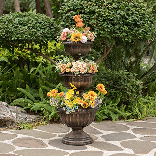 Gardenised Outdoor Garden Triple Stacked Flower Bowl Urn Tier Planter Decoration, Bronze #TOP1