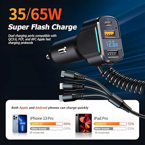 Miniatura 5 de Cargador de coche USB C, cargador de coche rápido de 3 puertos PD3.0 y QC3.0 con pantalla digital LED, adaptador de carga rápida para encendedor de