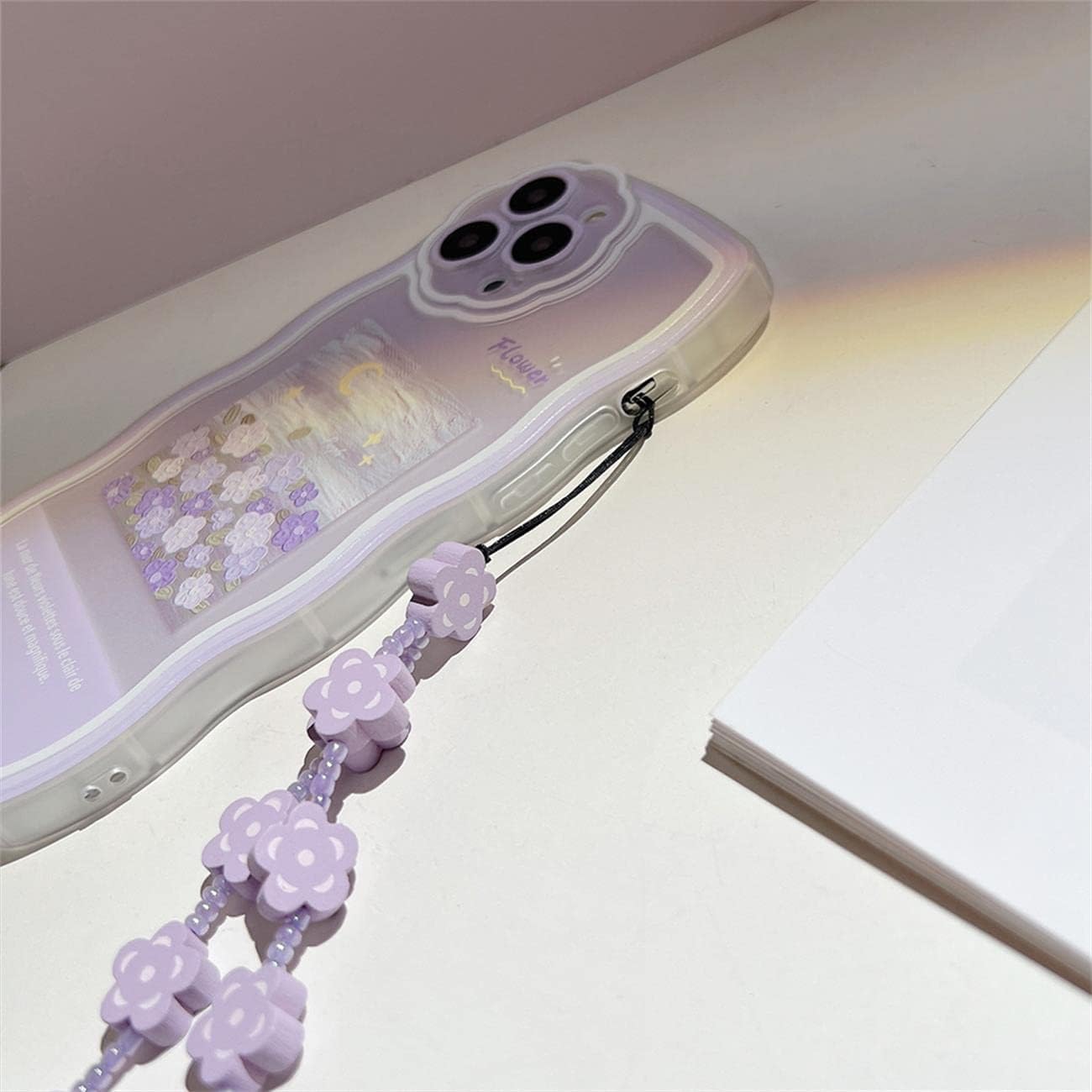 Fycyko Compatible with iPhone 13 Pro Max Case with Cute Purple Flower Floral Pattern Design Aesthetic Women Teen Girls Flower Lens Protection Case for iPhone 13 Pro Max+Chain-Flower - Image 6