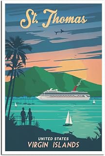 Vintage Tropical Canvas Art Print, St. Thomas, 12 x 18 inches, Multicolor, Matte Finish, Unframed, Indoor Use, Living Room, Home Office