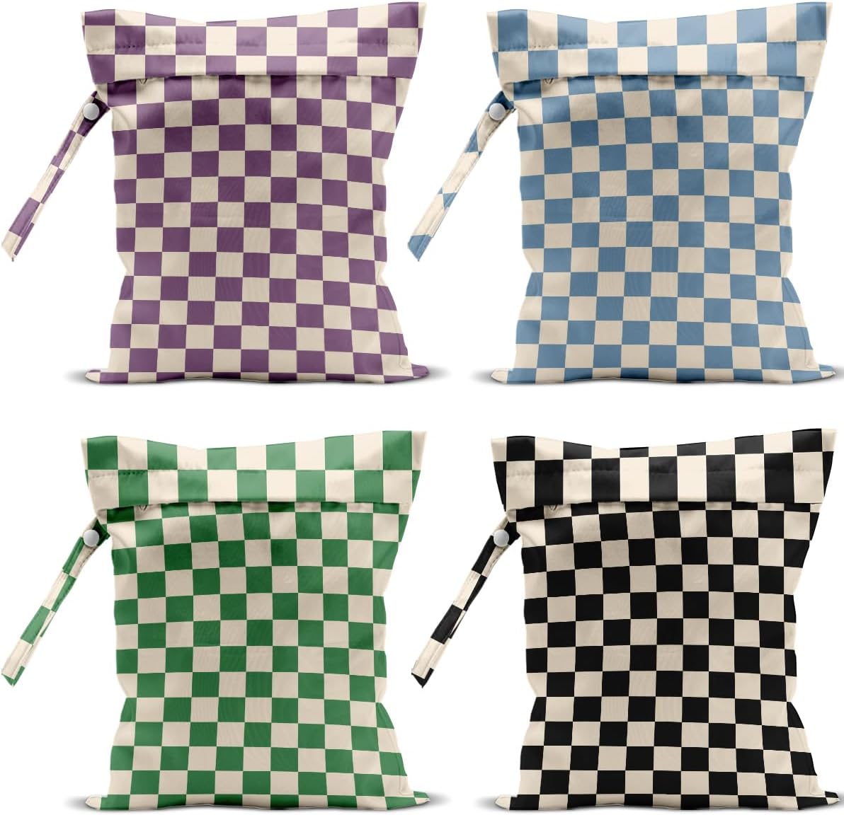4 Pack Cute Wet Bag Waterproof Washable Reusable Wet Dry Bag for Swimsuit Dirty Clothes Diaper Travel Pool Yoga Gym Birthday Party Camping Toiletries Travel Beach Essentials, Colorful Checkered