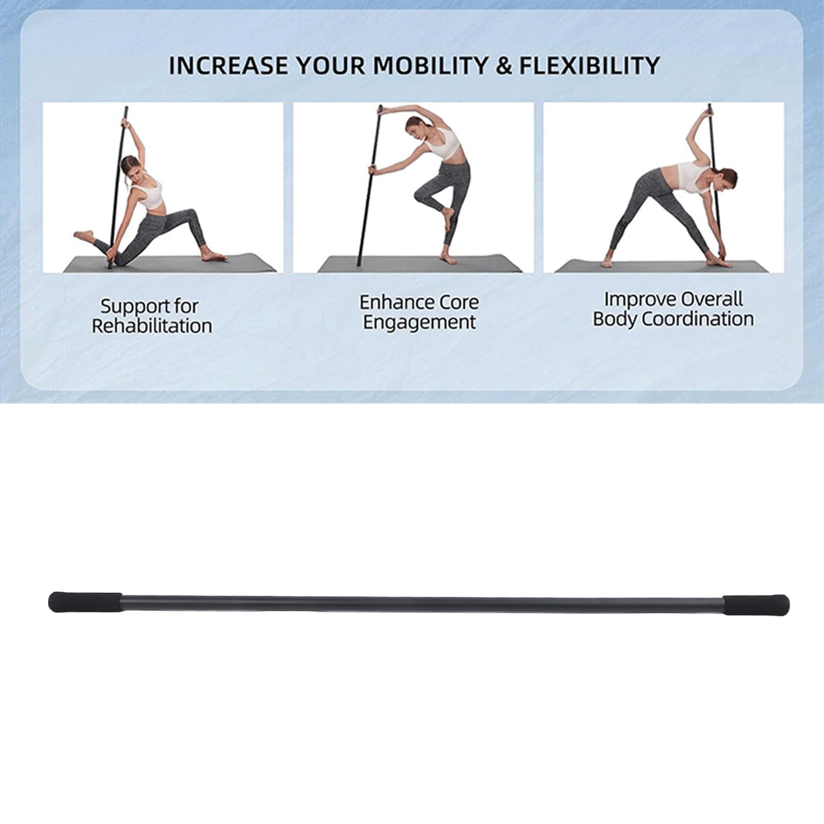 Stick de Yoga 4pcs, Jeu de Bâton d'étirement avec 4 Tiges en Acier et 2 Poignées en Mousse Souple, équipement de Yoga Robuste Réglable et Détachable Portable pour la Routine