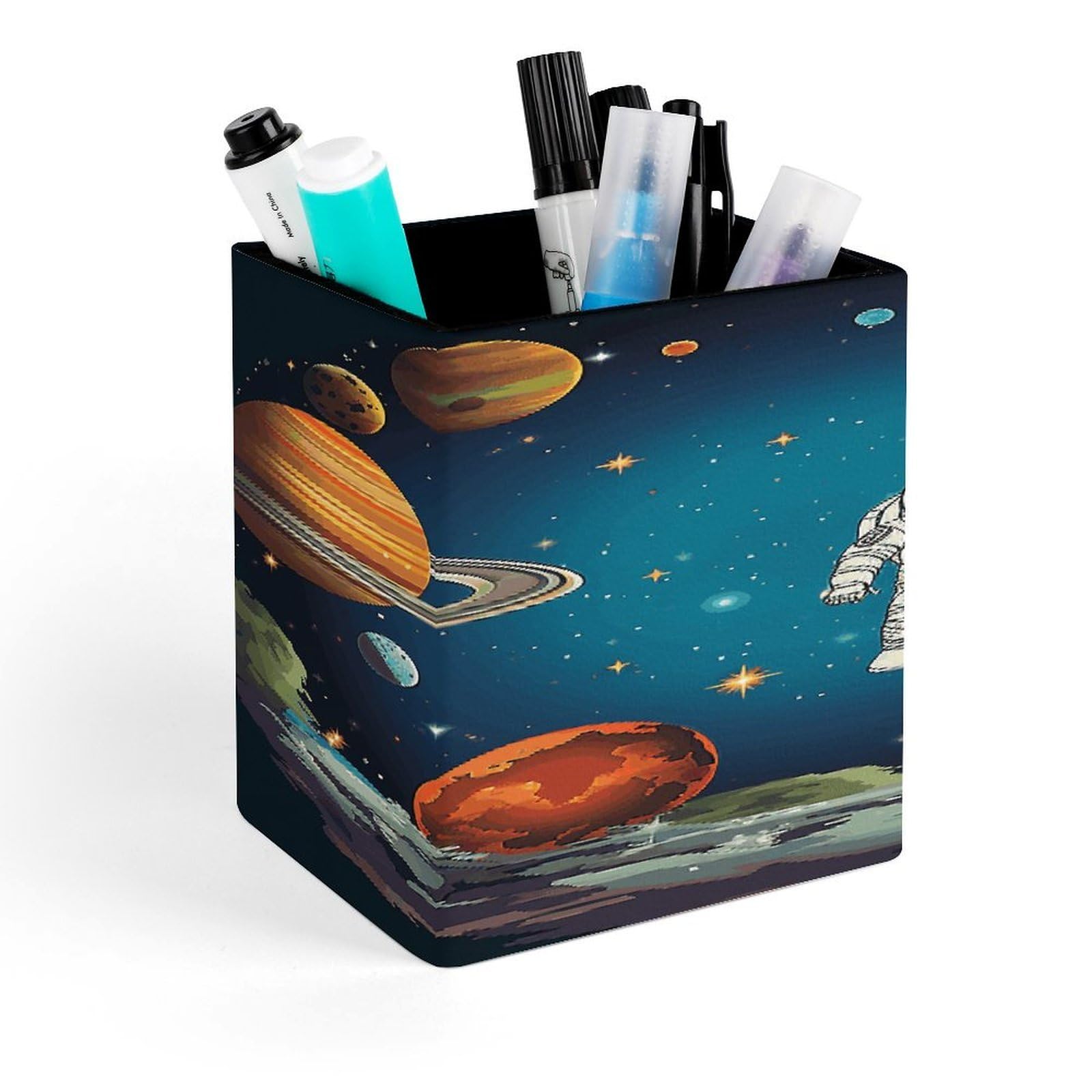 VstaDank Outer Space Rocket Astronaut Pen Holder Square Pencil Holder Leather Pencil Cup Pen Organizer Makeup Brush Holders Pen Cups Desktop Stationery Organizer for Home Office Desk Organizers