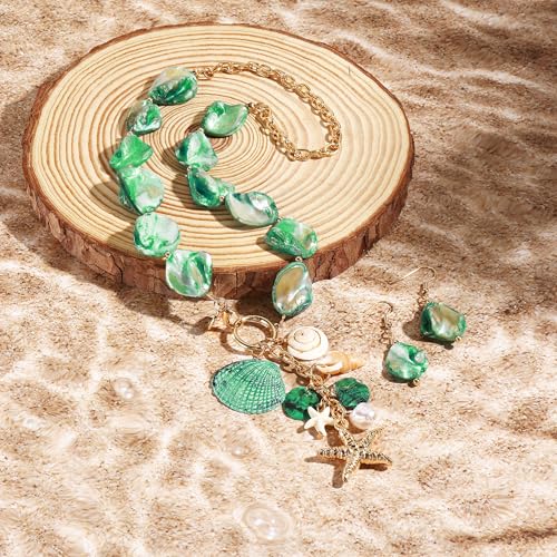 Image of Coiris Natural Seashell Choker Necklaces Earrings Jewelry Set for Women Starfish Shell Freshwater Pearl Collar Necklaces for Women Irregular Mother of Pearl Jewelry Set