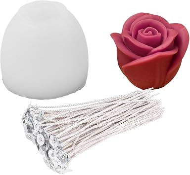 2Pcs Rose Candle Silicone Mold and 10 Candle WicksFlower Shape Molds with Wicks for DIY Aromatherapy Wax, Resin, Soap Making, Romantic Gift Craft Supplies for Beginners