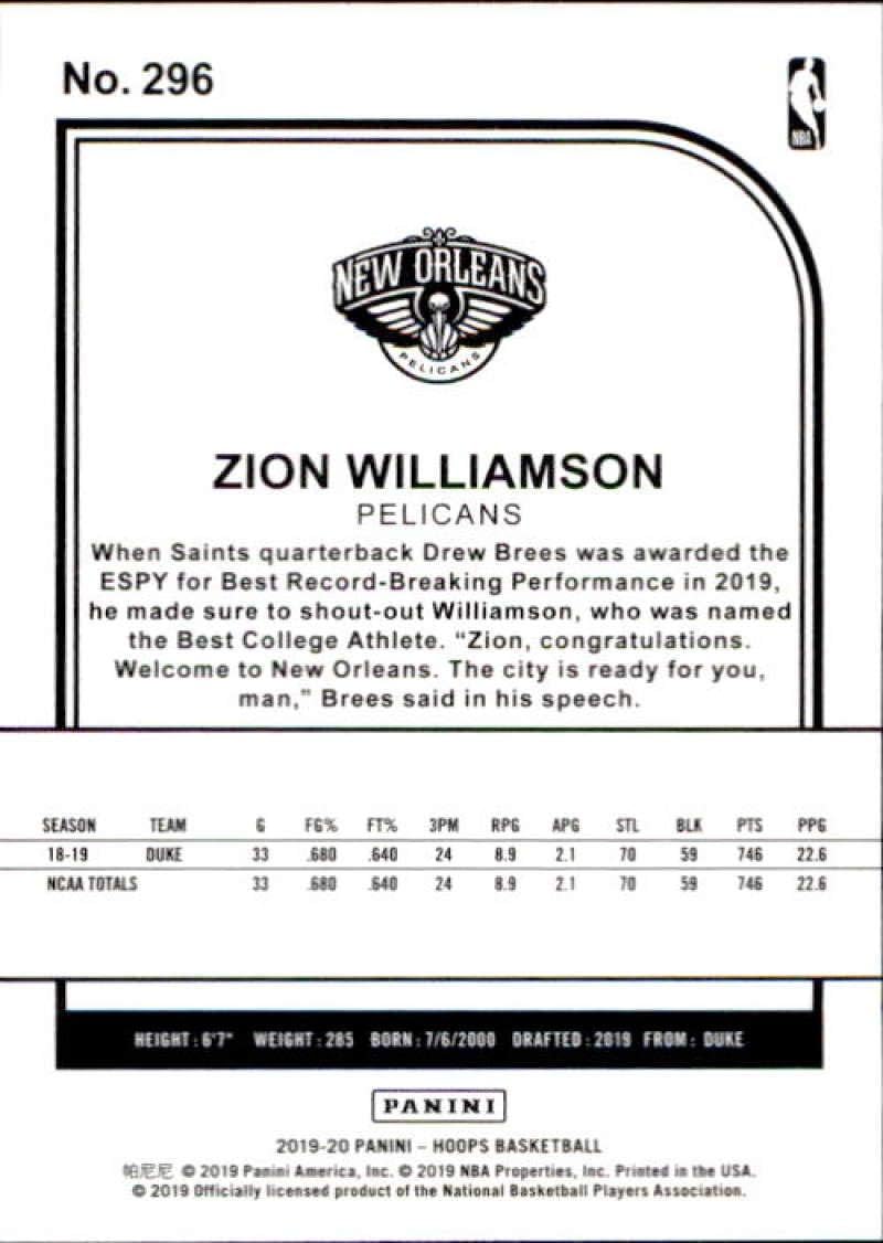 2019-20 Panini NBA Hoops #296 Zion Williamson New Orleans Pelicans Rookie Basketball Card