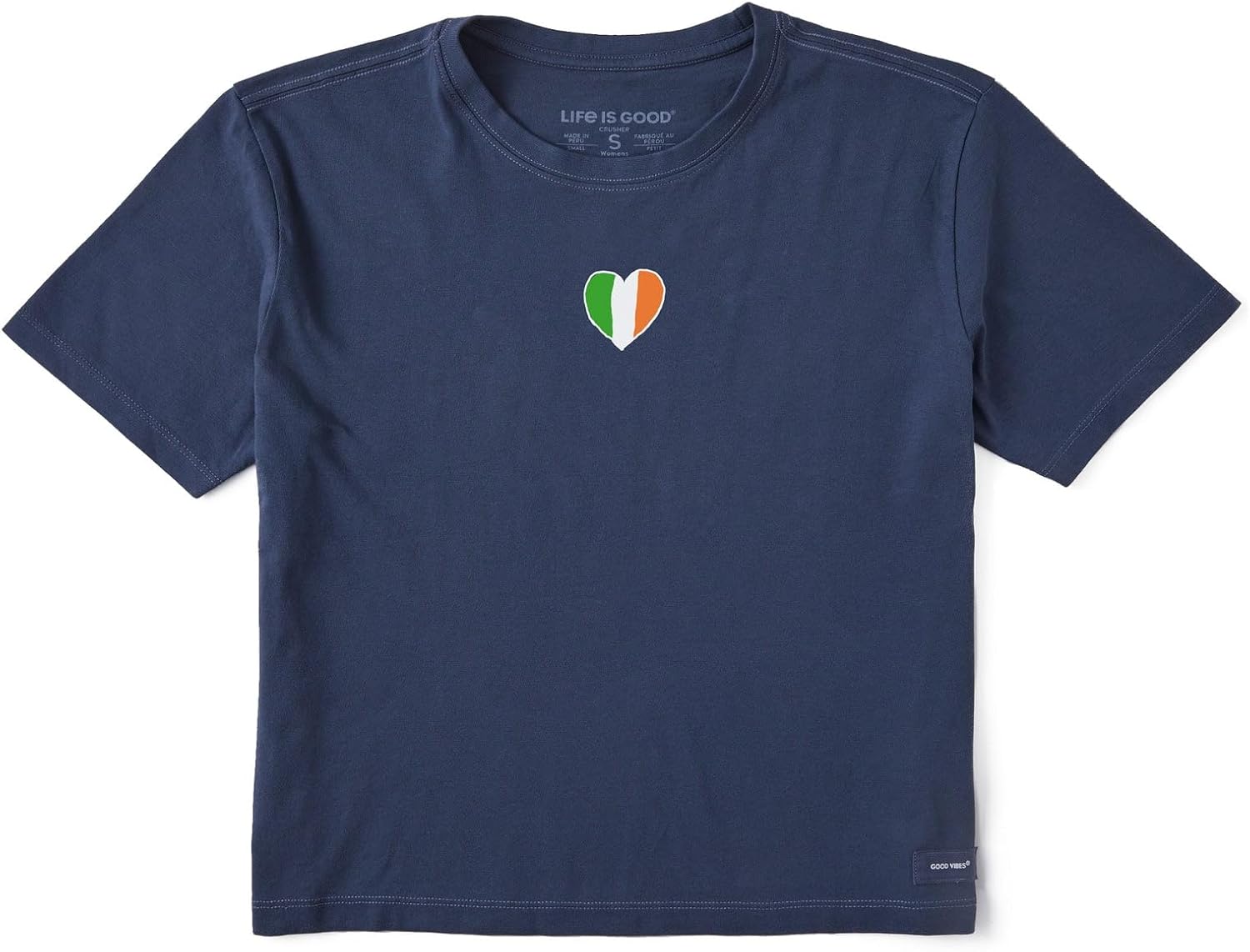 Life is Good. Women's Irish Flag Heart Short Sleeve Crusher Boxy Tee, Darkest Blue