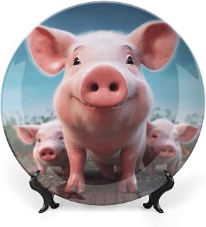 Funny Cute Pig Decorative Plates Bone China Plate for Display Ceramic Dinner Plates for Table Dessert Plate with Display Stand for Home Decoration Living Ornament