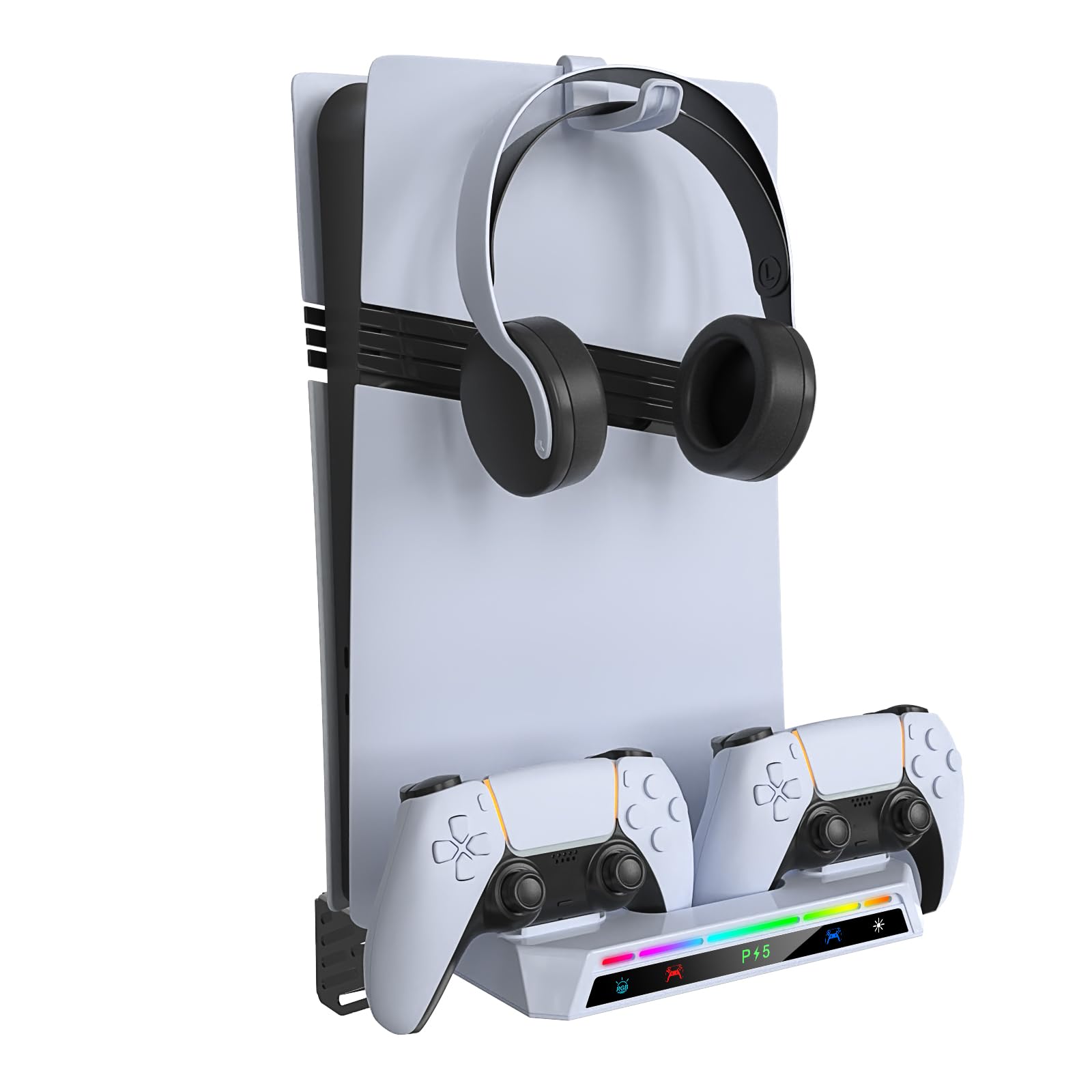 Stojak ścienny do konsoli PS5/PS5 Slim/PS5 Pro, uniwersalny uchwyt ścienny uchwyt gamepad stojak ładujący wieszak na słuchawki ze światłem RGB