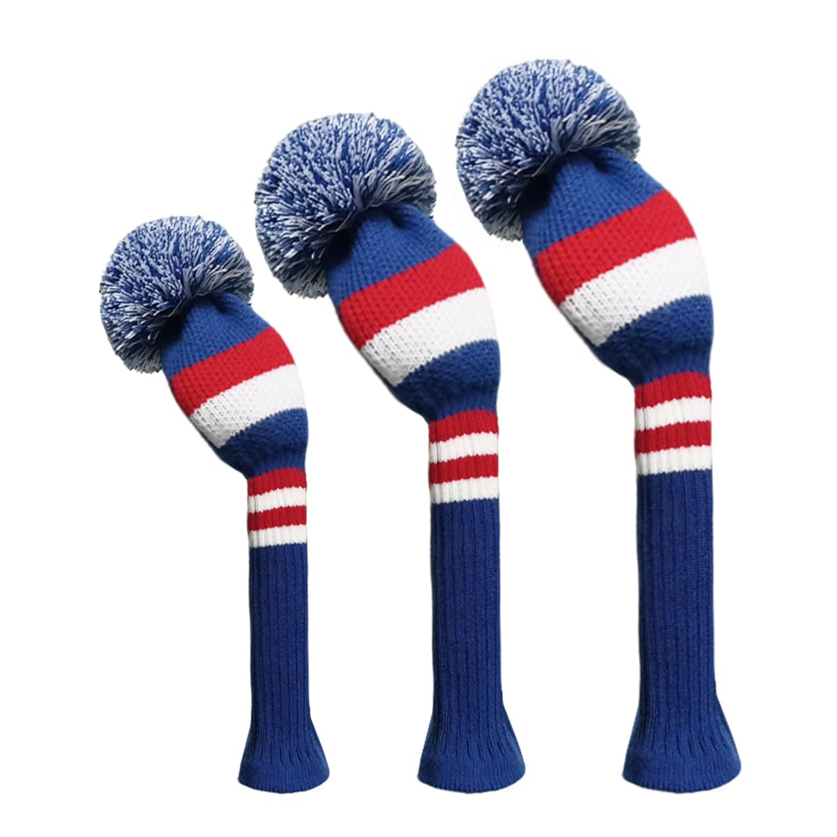 Scott Edward Golf Club Cover with a Pom Pom Set of 3 Fits Well Driver(460cc) Fairway Wood and Hybrid(UT) with Rotating Club Number Tags for Male/Female Golfers(Blue Red White)