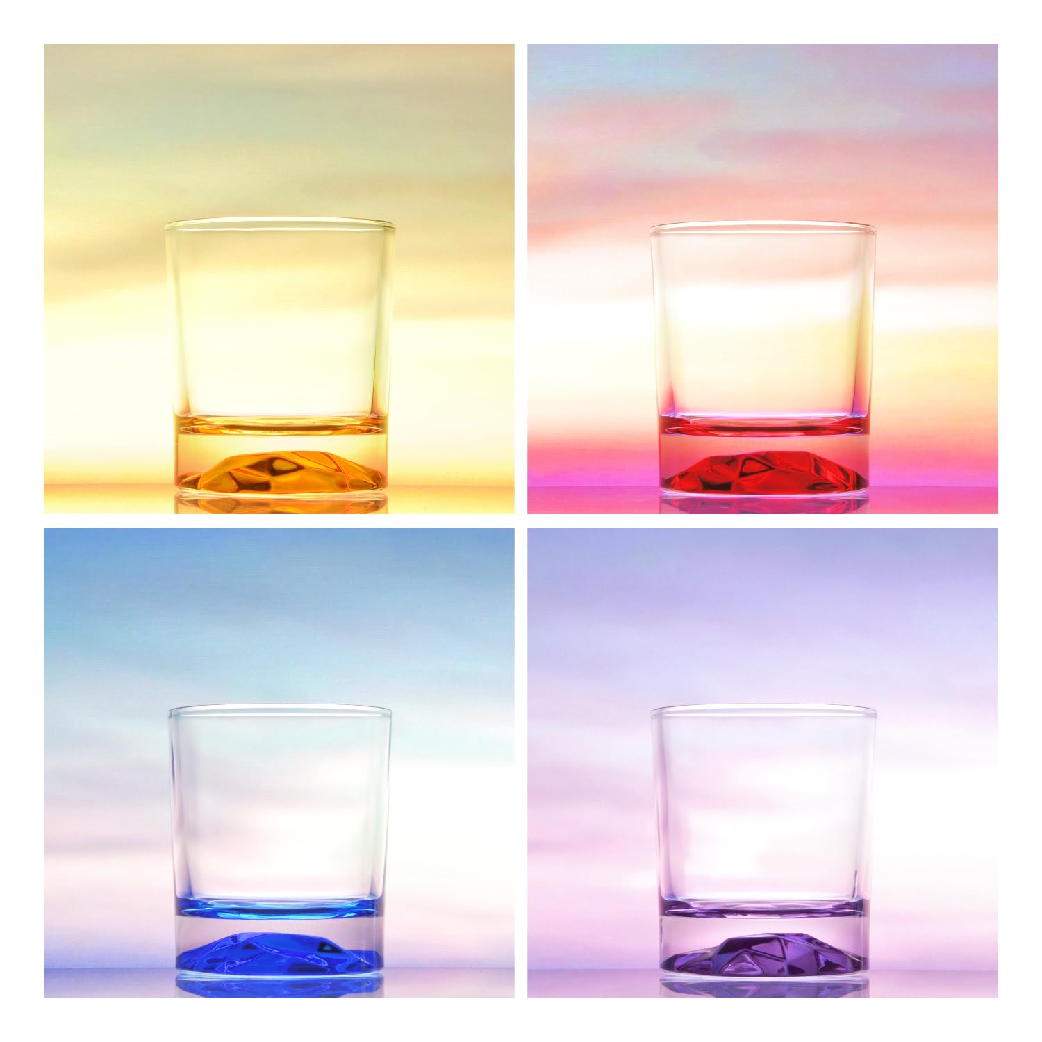 inmute Mesa - Vasos dobles antiguos para bar en casa, juego de 4 vasos de 8.5 onzas con base de montaña de colores, juego de 4, vasos de rocas y vasos de whisky para bourbon, escocés