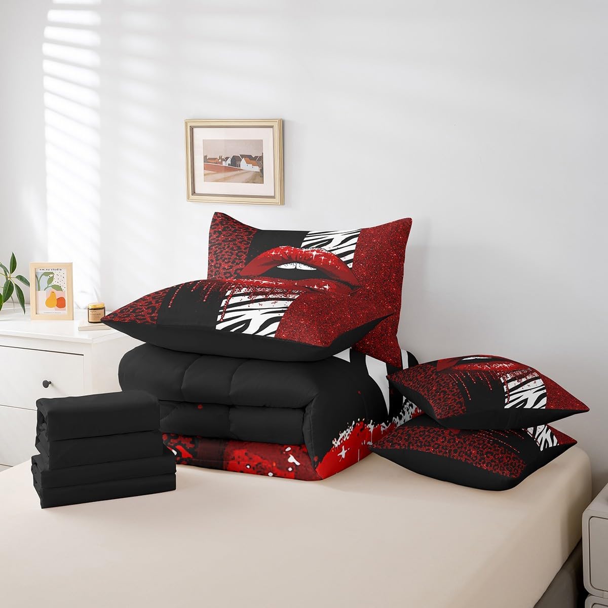 7 Pieces Glitter Lips Comforter Queen, Red Sequins Sparkling Bed Set for Kids Girls, Black White Leopard Zebra Print Bedding(1 Comforter,1 Fitted Sheet,1 Flat Sheet,2 Pillowcases,2 Throw Pillow Cover)
