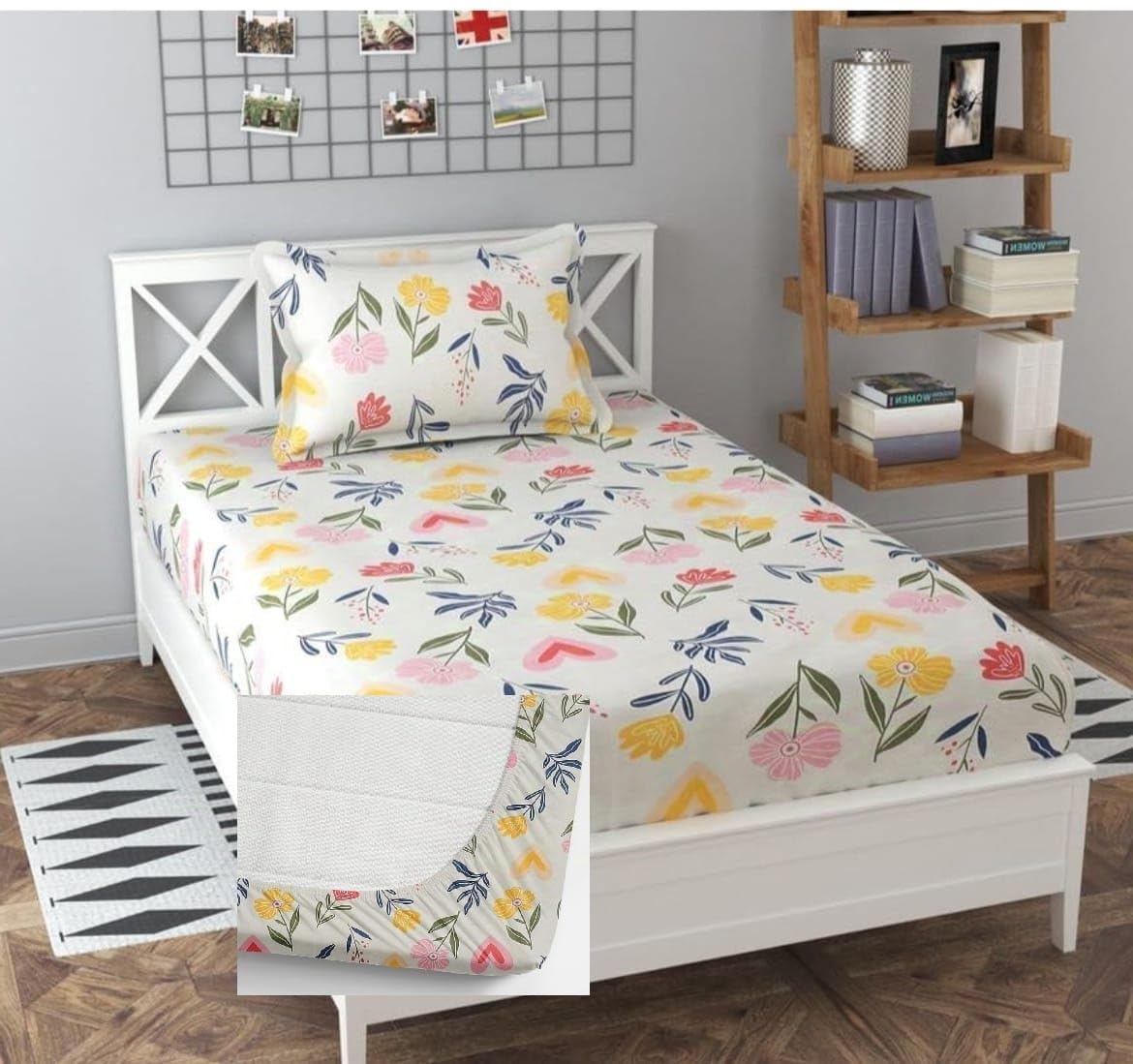 Syriddyaas® Prime Collection Cotton-Mix Fitted Single Bedsheet with 1 Pillow Cover for Single Bed with All Around Elastic 139 TC Size - 72X36X6 Fit Upto 6 Inches Mattress Color White-image-43