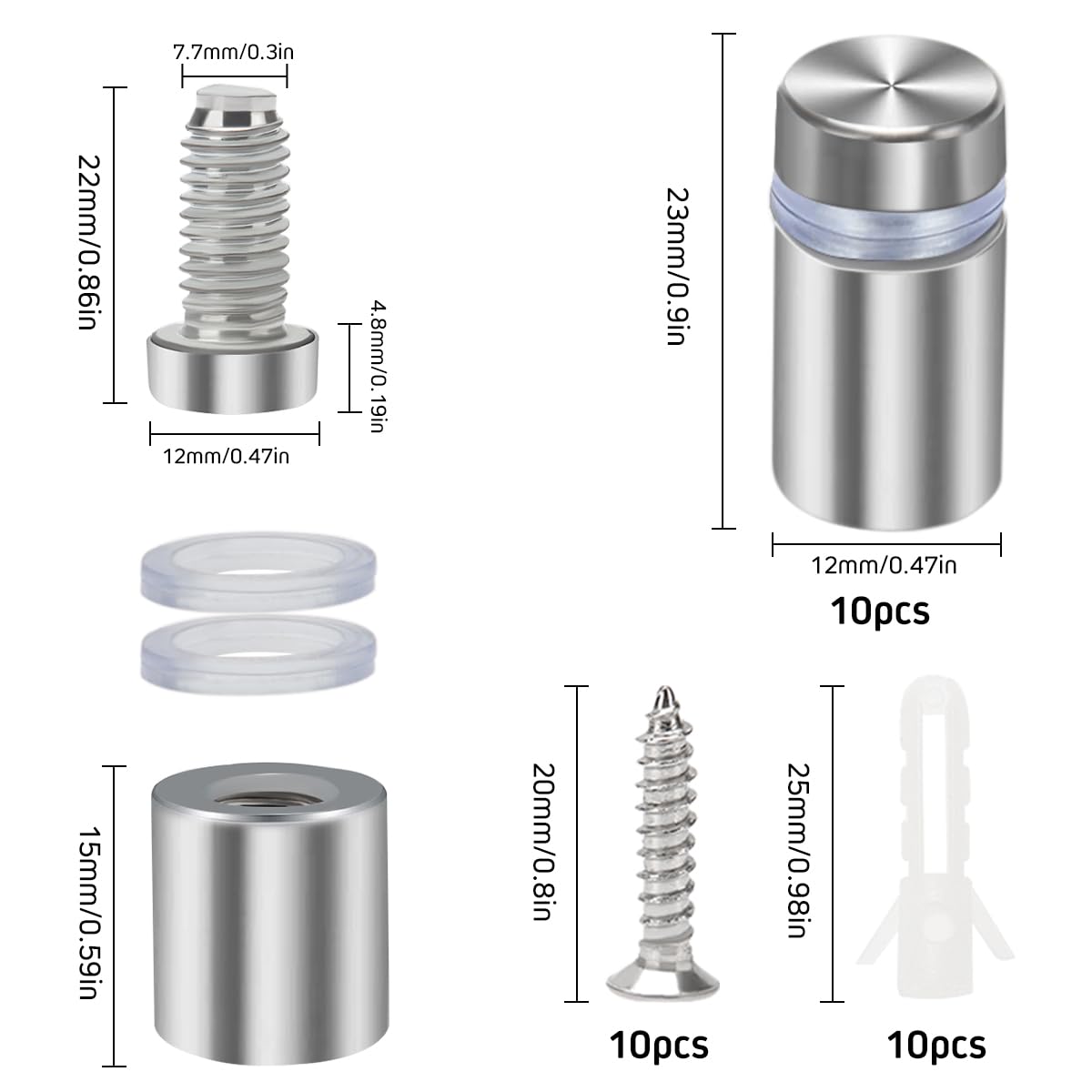 12 Distanziali Per Targhe In Acciaio - 12x60mm - Viti Standoff Per Cartelli, Vetro E Acrilico - Foto 2