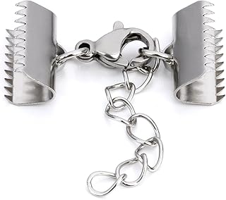Linsoir Beads Stainless Steel 15mm Ribbon End Clamp Crimps with Lobster Clasp and Extension Chain Flat Crimp End Clamps Cord Ends 10 Sets