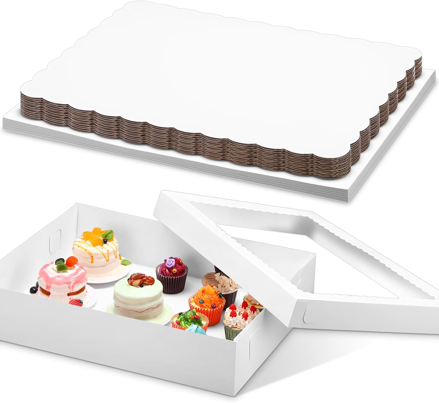 10 Pcs 19x14x4 Inch Half Sheet Cake Boxes 5pcs Large Rectangle Bakery Boxes with 5pcs Cake Boards for Pastry Baking, Cupcakes, Donuts, Cookies, Pie Treat Packaging