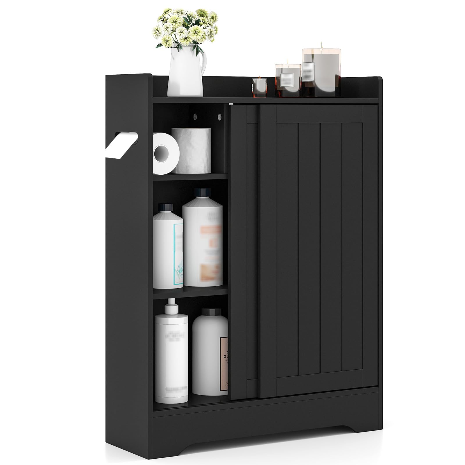 COSTWAY Meuble Salle de Bain, Armoire de Rangement avec 2 Porte-Papier Toilette, Portes Coulissantes, pour Brosse WC, Étagères Réglables, Placard, pour Petits Espaces, 20 x 60 x 80 cm (Noir)