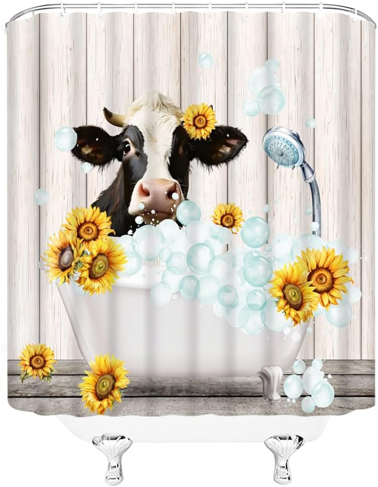 Funny Cow Shower Curtain Farmhouse Rustic Cows Sunflower Floral Bubble Fantasy Western Farm Animal Vintage Wooden Board Country Polyester Fabric Bathroom Curtain Sets Hooks 108 x 70 Inch