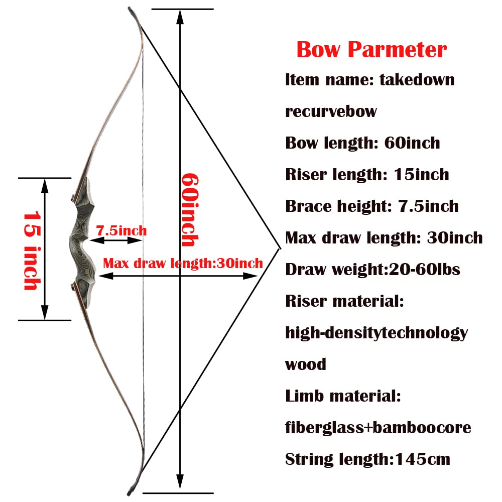 Arc Recourbé Démontable Black Hunter 60″ Bois 20-60lbs – Pour Chasse Et Tir, Droitier