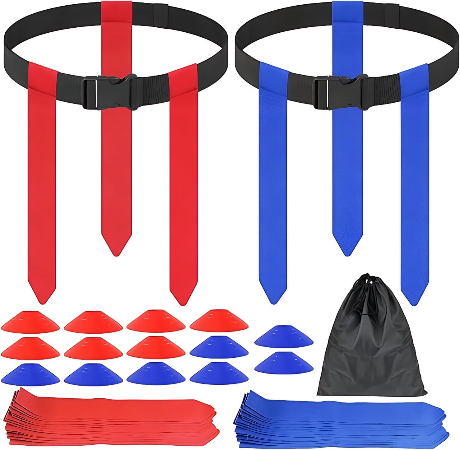 Flag Football Belts 14 Player Set, 71Pcs Professional Flags and Belts Kit for Adult and Youth, Heavy Duty Nylon Training Equipment for Scrimmage, Practice, Backyard and Pick Up Games, Red and Blue