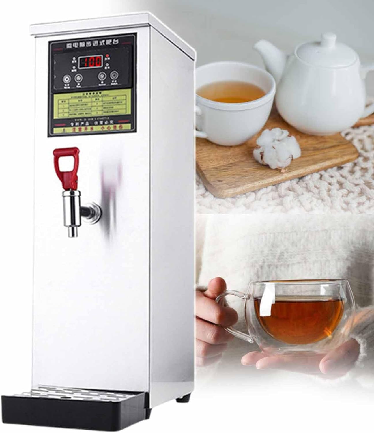 Hot Water Dispenser with Adjustable Temperature, Drip Tray, and Water Connection for Kitchen, Restaurant, and Factory Use,Silver