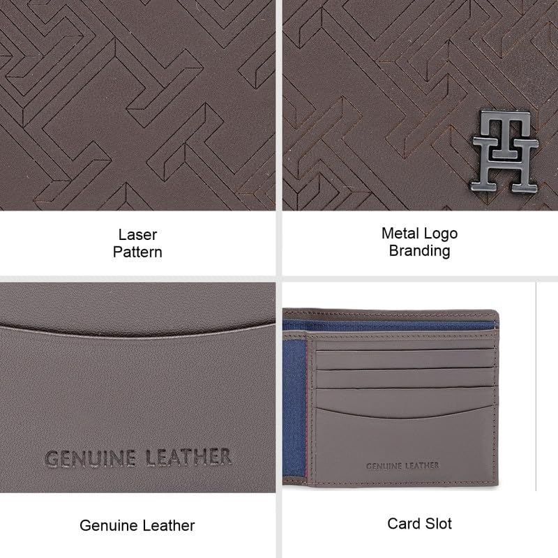 Image of Tommy Hilfiger Men's Leather Wallet Tavros | Brown Laser-Detailed Slimfold Bi-Fold with 8 Card Slots, Coin Pocket | Stylish Purse for Gents