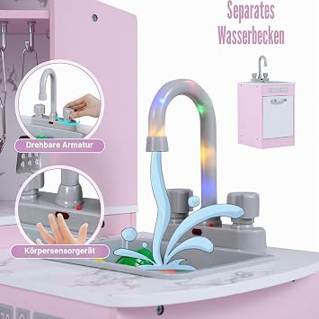 HOMASIS Corner Children's Wooden Play Kitchen with Light Sound & Steam Includes 16 Accessories Toy Kitchen with Sink Stove Oven Microwave Ice Maker Fridge Board Kitchen Play Set for Ages 3 and Up (Pink)